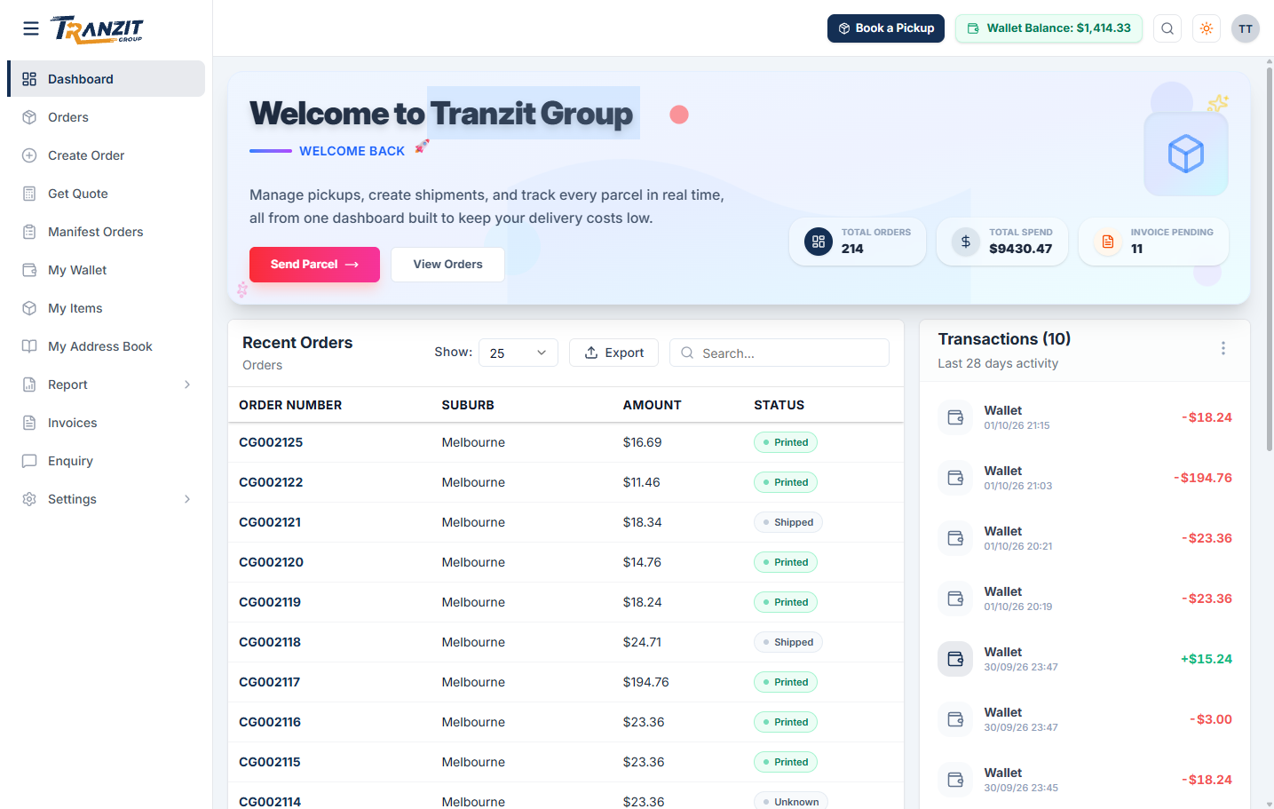 Tranzit Group customer portal dashboard showing orders, statistics and recent transactions