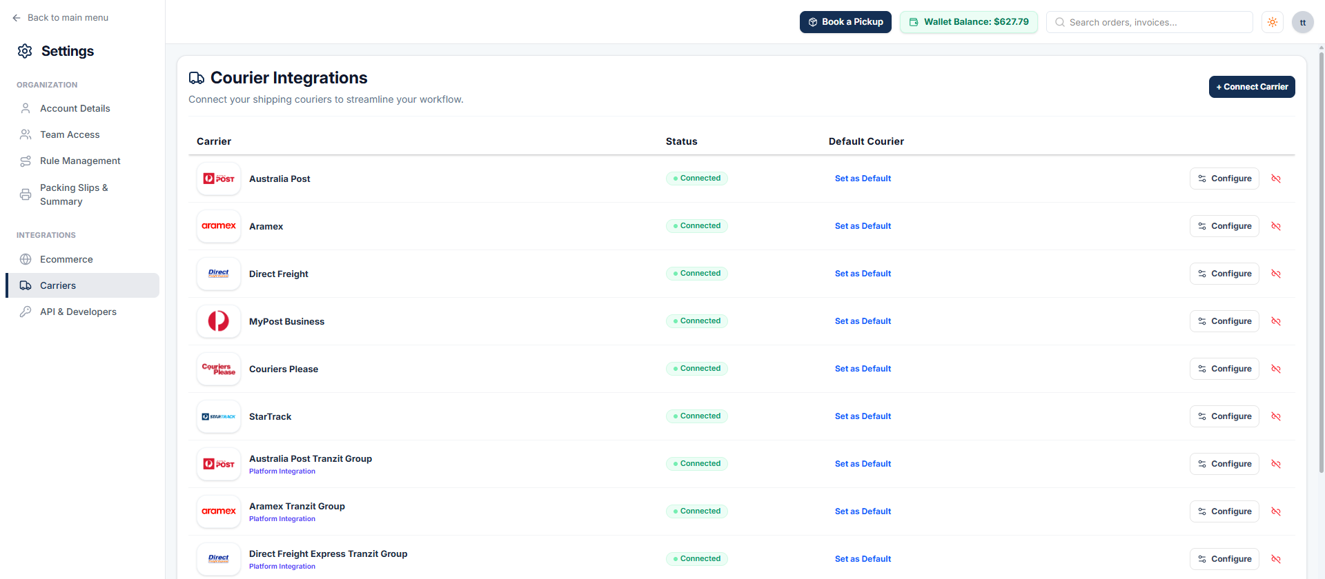 Tranzit portal Courier Integrations settings with Australia Post, Aramex, Direct Freight, MyPost Business, Couriers Please and StarTrack connected