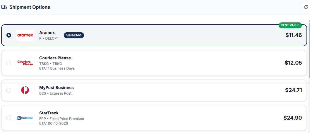 Tranzit Get Quote shipment options: Aramex marked best value at $11.46, then Couriers Please, MyPost Business and StarTrack with their prices