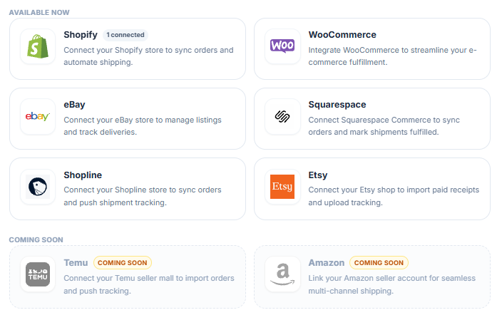 Tranzit ecommerce integrations: Shopify (1 connected), WooCommerce, eBay, Squarespace, Shopline and Etsy available now; Temu and Amazon coming soon