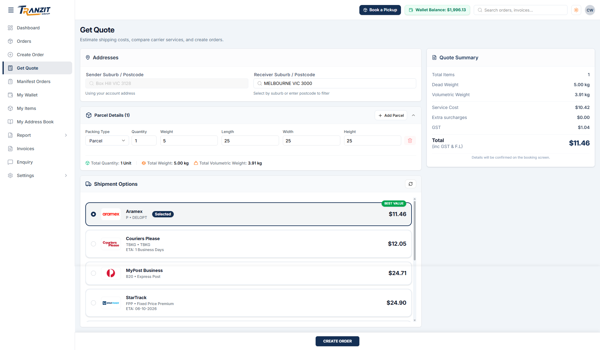 Tranzit portal Get Quote screen comparing Aramex, Couriers Please, MyPost Business and StarTrack prices