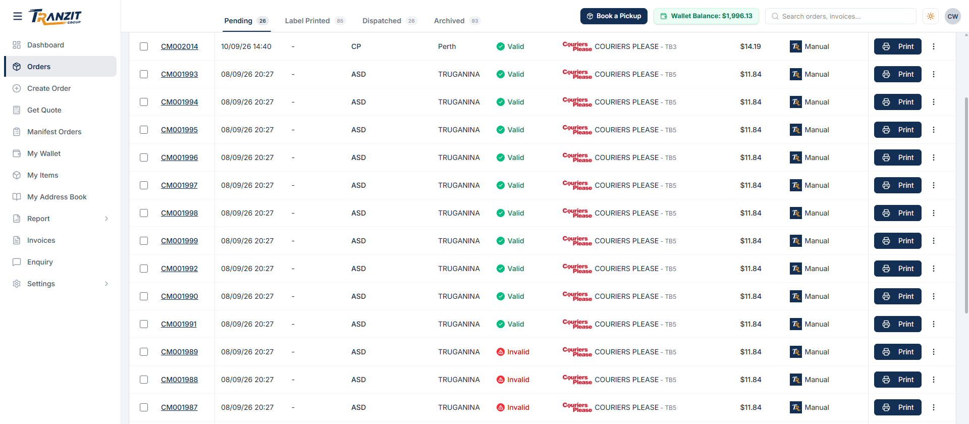 Tranzit portal orders list with pending orders, validation status, courier, price and print buttons