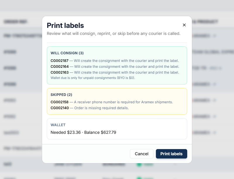 Tranzit Print labels dialog: three orders will be consigned, two are skipped with the reason, and the wallet amount needed is shown