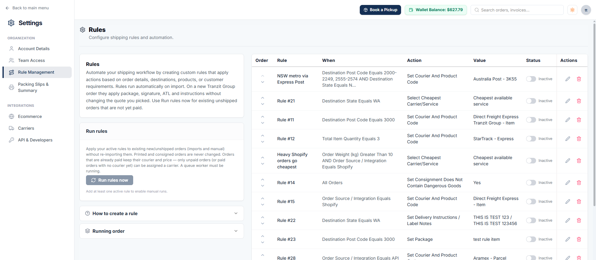 Tranzit portal Rules screen listing shipping rules by destination, weight and order source with their courier actions