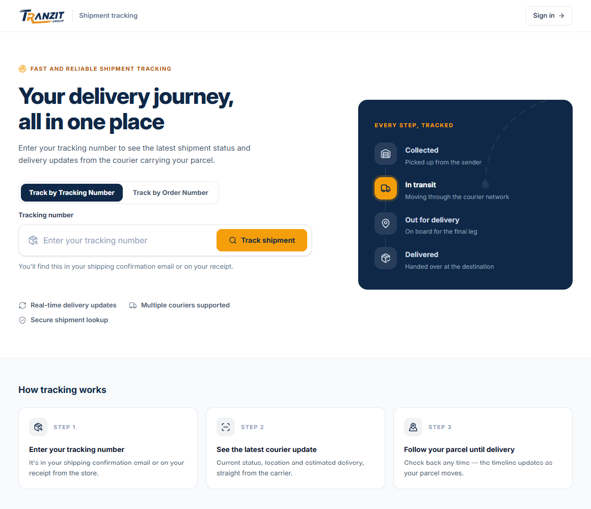 Tranzit shipment tracking page where customers enter a tracking number and follow each delivery step
